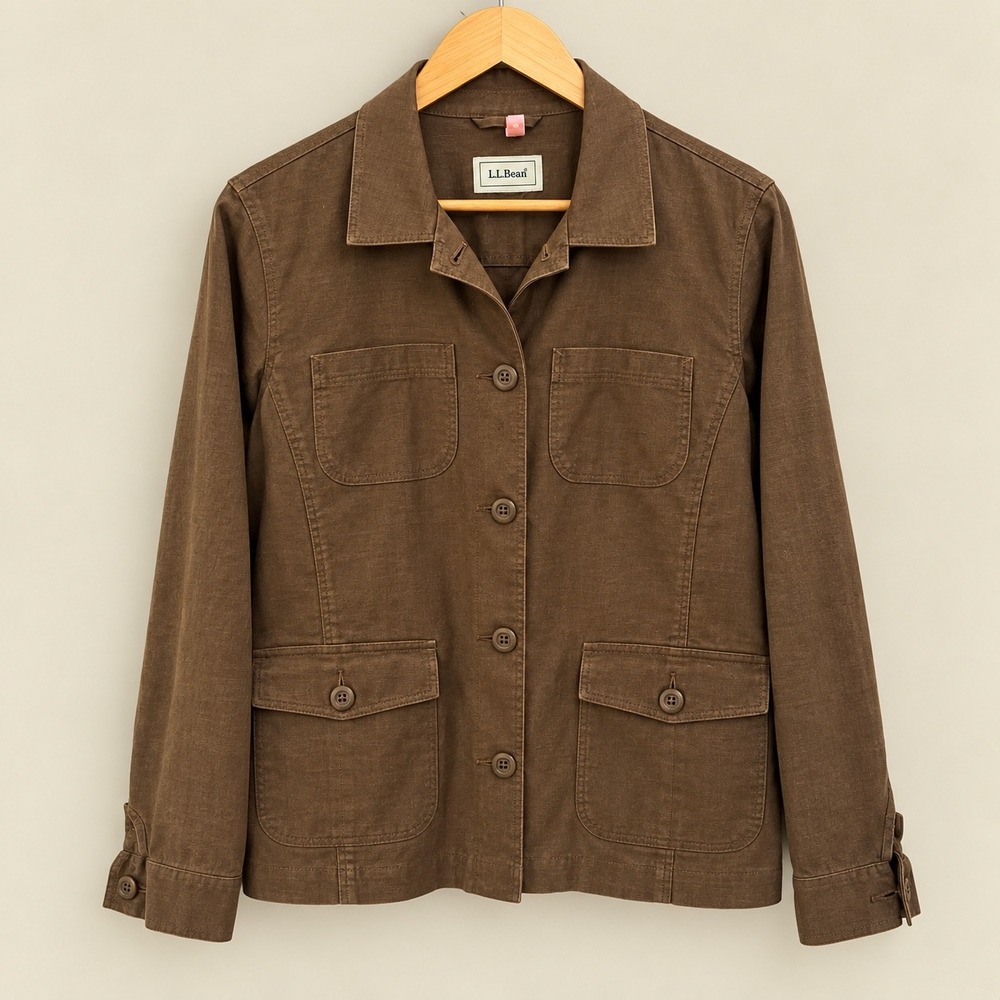 LL Bean Womens Brown Linen Blend Utility Field Jacket Chore Coat Four Pocket